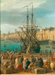 O porto de Marselha no século XVIII. Pormenor representando o descarregamento de mercadorias. Pintura de Joseph Vernet (1714-1789), século XVIII. Paris, Museu da Marinha