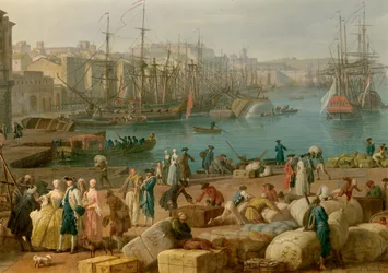 O porto de Marselha no século XVIII Detalhe representando a descarga de mercadorias. Pintura de Joseph Vernet (1714-1789) Paris do século XVIII. Museu da Marinha
