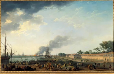 Vista do porto de Rochefort e da Corderie Real. Pintura de Joseph Vernet (1714-1789), 1762. Paris, Musée de la Marine.