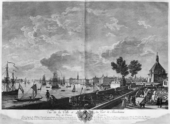 Vista da cidade e do porto de Bordeaux, vista do Chateau Trompette, série de "Les Ports de France", gravada por Charles Nicolas Cochin, o Jovem