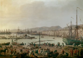 Vista do porto de Toulon Detail, o antigo porto, vista da costa das lojas. Pintura de Joseph Vernet (1714-1789) 1756. Paris, Musee de la Marine - Vista do Porto Marítimo de Toulon. Detalhe. Pintura de Joseph Vernet (1714-1789), óleo sobre tela.