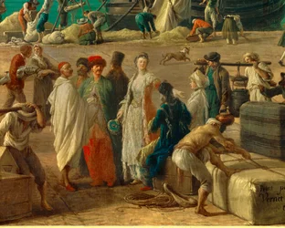 detalhe de: O porto de Marselha no século XVIII" Detalhe representando a descarga de mercadorias. Pintura de Joseph Vernet (1714-1789) Paris do século XVIII. Museu da Marinha