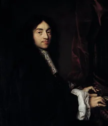 Detalhe de "Retrato do organista Charles Couperin (1638-1679) com a filha do pintor" Pintura de Claude Lefebvre (1632-1675) Sol do século XVII. 1,27x0,96 m
