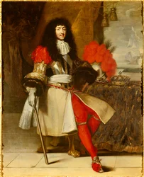 Retrato de corpo inteiro de Luís XIV, rei de França e Navarra (1638-1715), cerca de 1665-1670 (navio de guerra com coroa e ceptro colocados sobre a mesa, diante de uma paisagem marítima com um barco), pintura de Claude Lefebvre (1632-1675), cerca de 1670