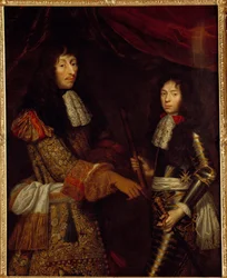 Retrato de Luís II Príncipe de Bourbon (Bourbon-Conde) (1621-1686) conhecido como o Grande Conde e seu filho Henri Jules Duque de Enghien (1643 - 1709). Pintura de Claude Lefebvre (1632-1675)