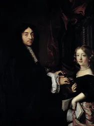 Retrato do organista Charles Couperin (1638-1679) com a filha do pintor Pintura de Claude Lefebvre (1632-1675) Sol do século XVII. 1,27x0,96 m