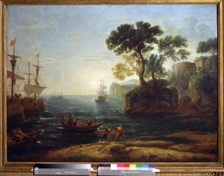 Chegada de Enéas a Itália. Criação do Império Romano (Chegada de Enéas em Itália. Manhã do Império Romano). Pintura por Claude Gellee conhecido como Claude Le Lorrain (1600-1682). Óleo sobre tela. Arte barroca. Pushkin Museum of Fine Arts, Moscovo