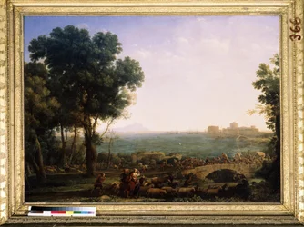 "Scene de bataille sur un pont" (Batalha na Ponte (Batalha entre Imperadores Maxentius e Constantino)) Bataille opposant Maxence (Marcus Aurelius Valerius Maxentius) a Constantin Ier sur le pont Milvius le 28/10/312 pres de Rome. Peinture de Claude G