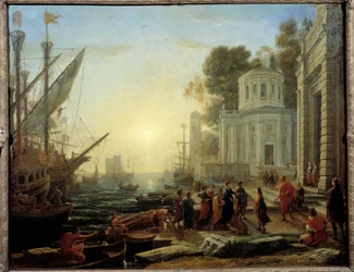 Autorização de Cleopatre para Tarsus. Cleopatre, Rainha do Egito encontra Marc Antoine, em Tarso (província de Cilícia, Turquia) em 41 AC. Pintura de Claude Gellee Dit Le Lorrain (1600-1682)