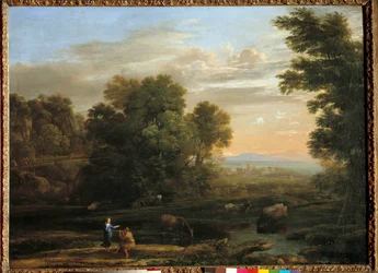 Paisagem com o pastor tocando a bucólica flageolet da cena. Pintura de Claude Gellee chamada Lorrain (1600-1682) do século XVII. Coleção particular