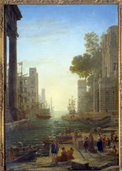 Paisagem com o barco de Santa Paula Romana em Ostia. Santa Paula deixa seus filhos para viajar para a Terra Santa. Tela, 211 x 145 cm - Embarque de Sainte Paule a Óstia. São Paule (347-404 ou 407), viúva romana, discípula de São Jerônimo. Pintura de Cl