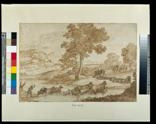 Paisagem com a viagem de Jacob (caneta e tinta com lavagem em papel)