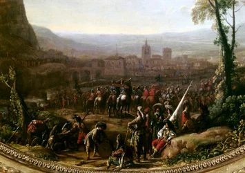 Luís XIII (1601-1643) forçou o Pas de Susa perto de Turim, defendido pelas forças do Duque de Sabóia em 1629. Detalhe. Pintura de Claude Gellee dit le Lorrain (1600-1682) Paris, Musee du Louvre