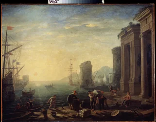 Manhã no Porto. Manhã no Porto. Pintura de Claude Gellee, conhecida como le Lorrain (1600-1682). Óleo sobre tela