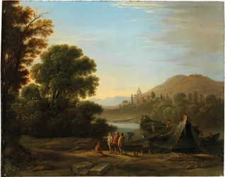 Francês: Paysage avec personnages chargeant du bois sur un bateau Paisagem com figuras a carregar madeira para um barco