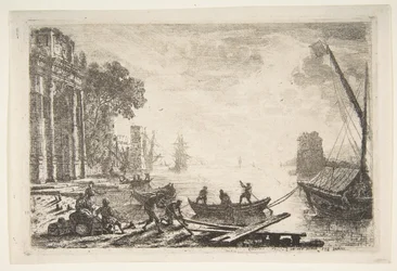 Cena do porto com sol nascente, 1634.