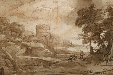 Paisagem com torre redonda e baía