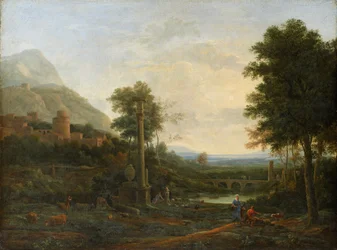 Paisagem, com, um, coluna, e, figuras