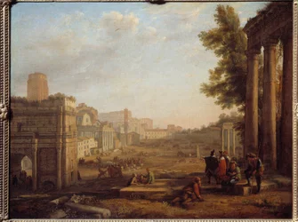 Vista do Campo Vaccino em Roma O Fórum Romano por volta de 1630 - Pintura de Claude Gellee chamada Lorrain (1600-1682) Século XVII Sol 0,56x0,72 m Paris, Musee du Louvre