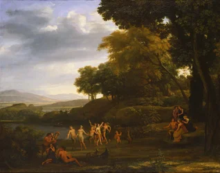 Paisagem com sátiros e ninfas dançantes.