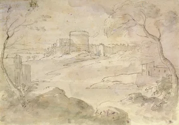 Paisagem com uma cidade fortificada (tinta e lavar no papel)