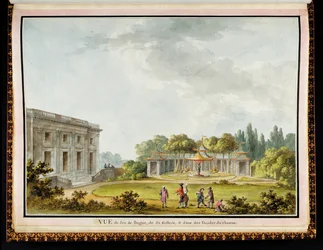 "Vue de Jeu de Bague, de Sa Gallerie, & d" une des Façades du Chateau ", do Chateau e Jardins da Rainha no Petit Trianon: Um Sumptuoso Álbum de Desenhos e Planos Originais Encomendado por Maria Antonieta, pelo arquiteto Richard Mique