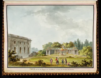Vista do ring game, de sua galeria e de uma das fachadas do castelo, do Recueil des Plans du Petit Trianon de Richard Mique (1728-94)