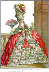 Vestido da corte francesa com alforjes largos, 1778.