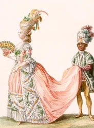 O vestido de noite elaborado da senhora, gravado pelo rei, de &39;galerias de moda francesa e trajes&39;, c.1778-87