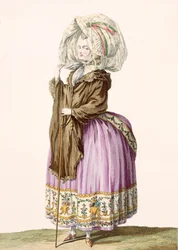 Polonoise, gravada por Voysard, placa no.84 de Galeries des Modes et Costumes Francais, c.1778-87 99: vestuário; vestido tradicional; traje tradicional; moda; ilustração; c