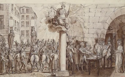 A viúva Morin e sua filha Angelique Delaporte na Conciergerie e punida com ser algemada em público pelo crime de extorsão com violência de assinaturas, 1812 (caneta, tinta e lavar no papel