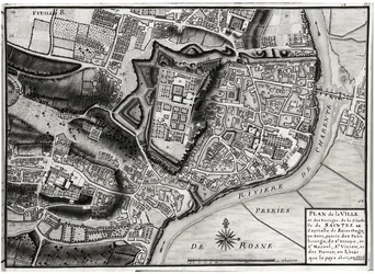 Atlas 131 F fol.8 Mapa de Saintes, capital de Saintonge, de Réveil des Plans de Saintonge, 1716 (caneta e tinta e wc sobre papel)