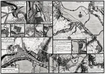 Fol.7 & 98 Mapa das cidades e castelos situados ao longo do rio Charente em 1714, a partir de Recueil des Planos de Saintonge (caneta e tinta e wc no papel)