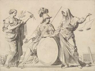 Minerva ladeada pelos braços de paz e justiça de Gallard e Mesmes.
