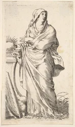 Mulher vestida de pé ao lado de um pedestal, a mão direita tem um galho de palmeira, uma harpa r ..., ca. 1620-88.