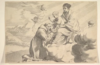 São Francisco de Assis adorando o menino Jesus no colo das virgens.