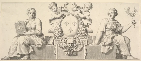 Os braços da França, acompanhados de personificações da lei e da boa fé, 1664.
