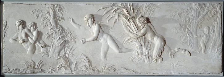 Pã perseguindo Siringe sob o olhar de Amor. Baixo-relevo de Claude Michel, dito Clodion (1738-1814). Cerca de 1782, Paris, Museu do Louvre