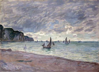 Barcos de pesca em frente à praia e falésias de Pourville, 1882
