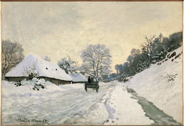 La charette, route sous la neige a Honfleur (óleo sobre tela)