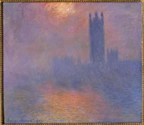 Londres, o Parlamento, abertura de sol no nevoeiro