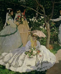 Mulheres, em, a, jardim, detalhe, de, um, mulher sentada, com, um, parasol, 1866, óleo, ligado, lona, detalhe, de, 2011