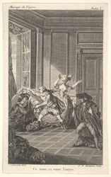 Um homem enrolado em uma cadeira olha para outro homem que se aproxima dele a partir da esquerda, i ..., ca. 1784