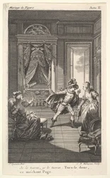 Um homem se inclina para uma mulher parada em uma porta à direita, à esquerda uma mulher sentada levanta ..., ca. 1784