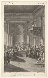 Um homem sentado em uma cadeira em uma plataforma escalonada mantém uma audiência, dois homens apontadores stan ..., ca. 1784