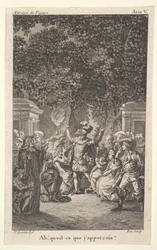 Um jovem rapaz segura uma tocha sob as árvores em um jardim, no centro um homem levanta os dois braços, s ..., ca. 1784