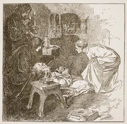 Morte de Bede, ilustração de "A Igreja da Inglaterra: Uma História para o Povo" por HDM Spence-Jones, pub. c.1910 (foto sépia)