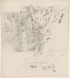 Penhascos com uma cachoeira no Tivoli