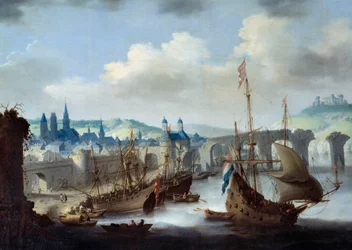 Vista da cidade de Ruão. Os navios estão amarrados nas margens do Sena.