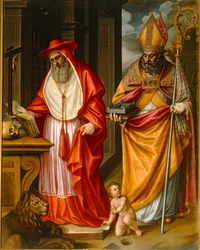 Os Santos Hieronymus e Augustinus de Hipona, Padres da Igreja, com uma maqueta do Escorial ...